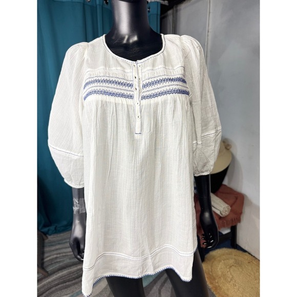 Free People White Embroidered Tunic Top 3/4 Sleeve Bohemian Smocked Cotton S